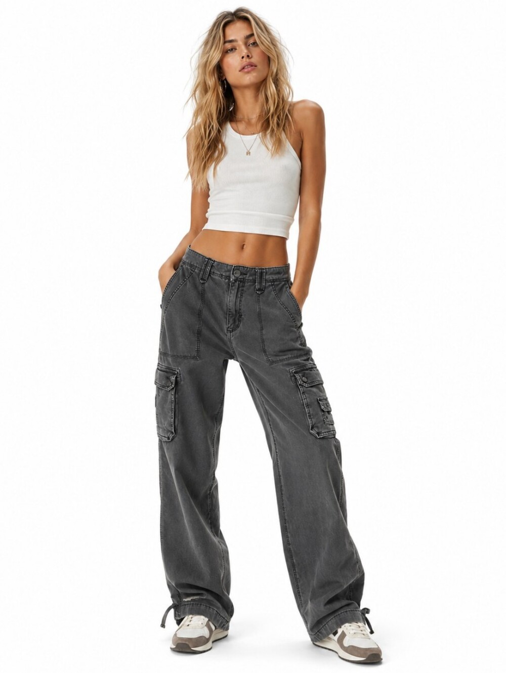 American Eagle Gray Stretch Cargo Pants Women's Size 4 Y2K Utility Wide Leg - Picture 2 of 16